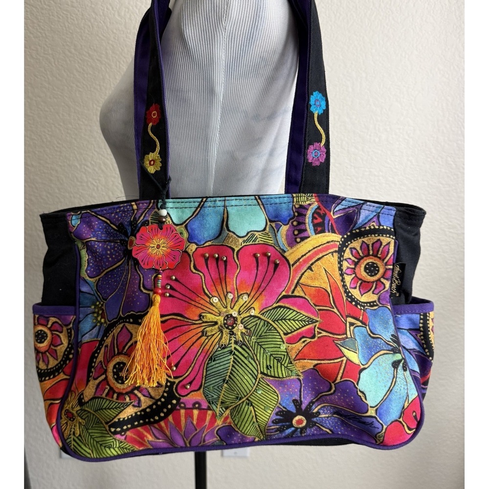 Laurel Burch Handbag Floral Canvas Colorful Boho Beaded Travel Shoulder Bag - Picture 9 of 16